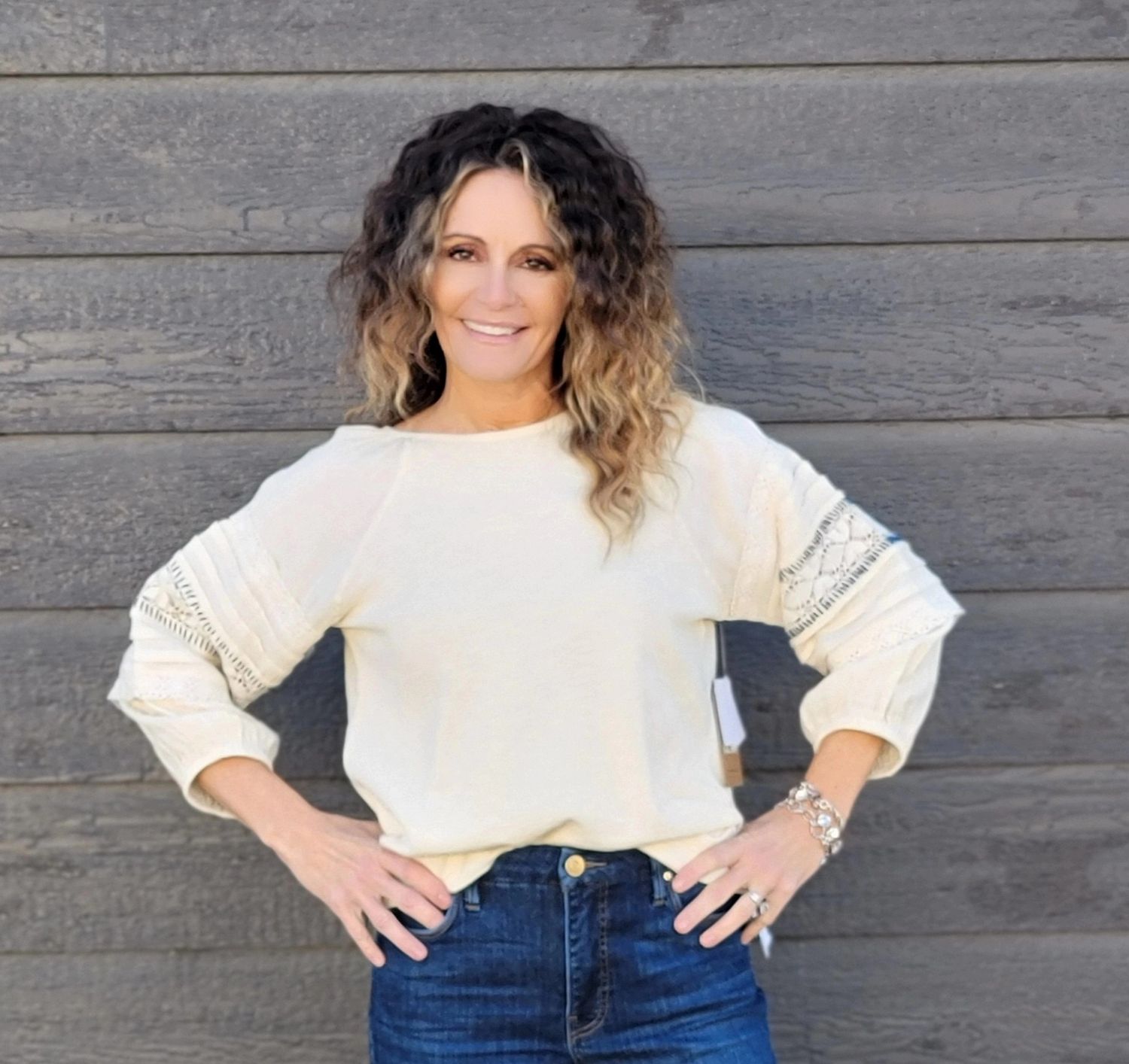 Tru Luxe Mixed Knit, Woven Top Natural