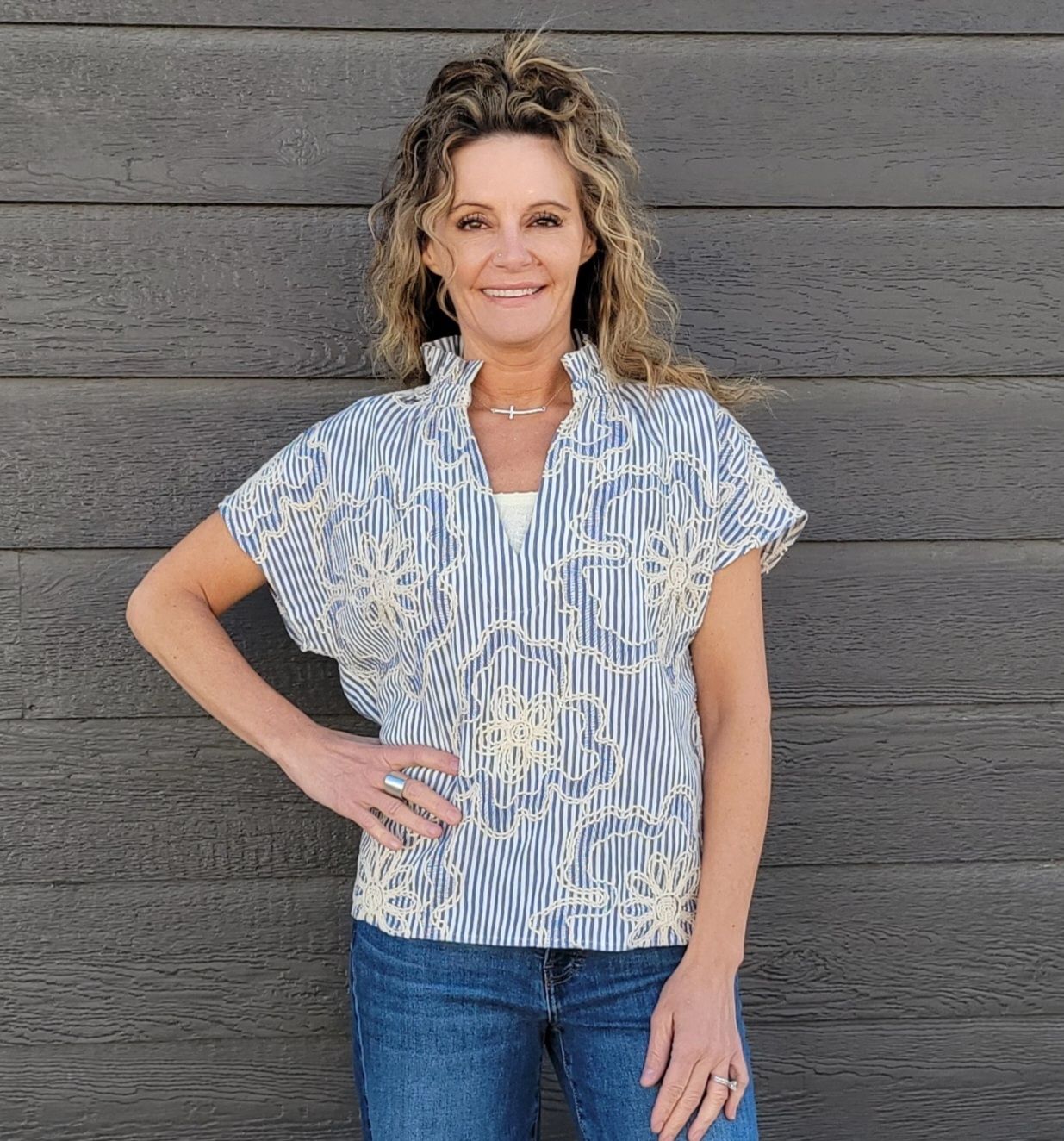 THML Short Sleeve Striped Floral Embroidery Top THML Short Sleeve Striped Floral Embroidery Top