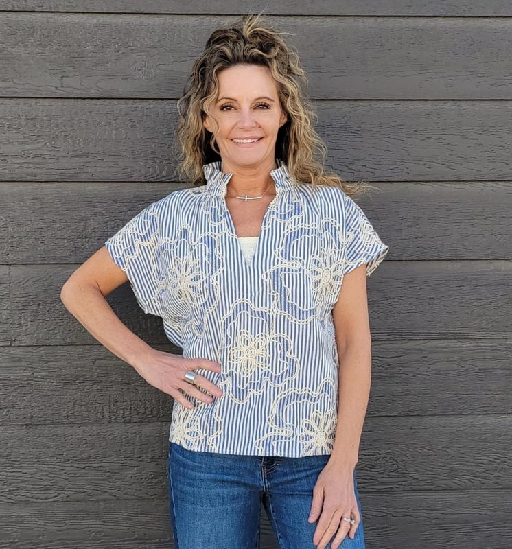 THML Short Sleeve Striped Floral Embroidery Top THML Short Sleeve Striped Floral Embroidery Top