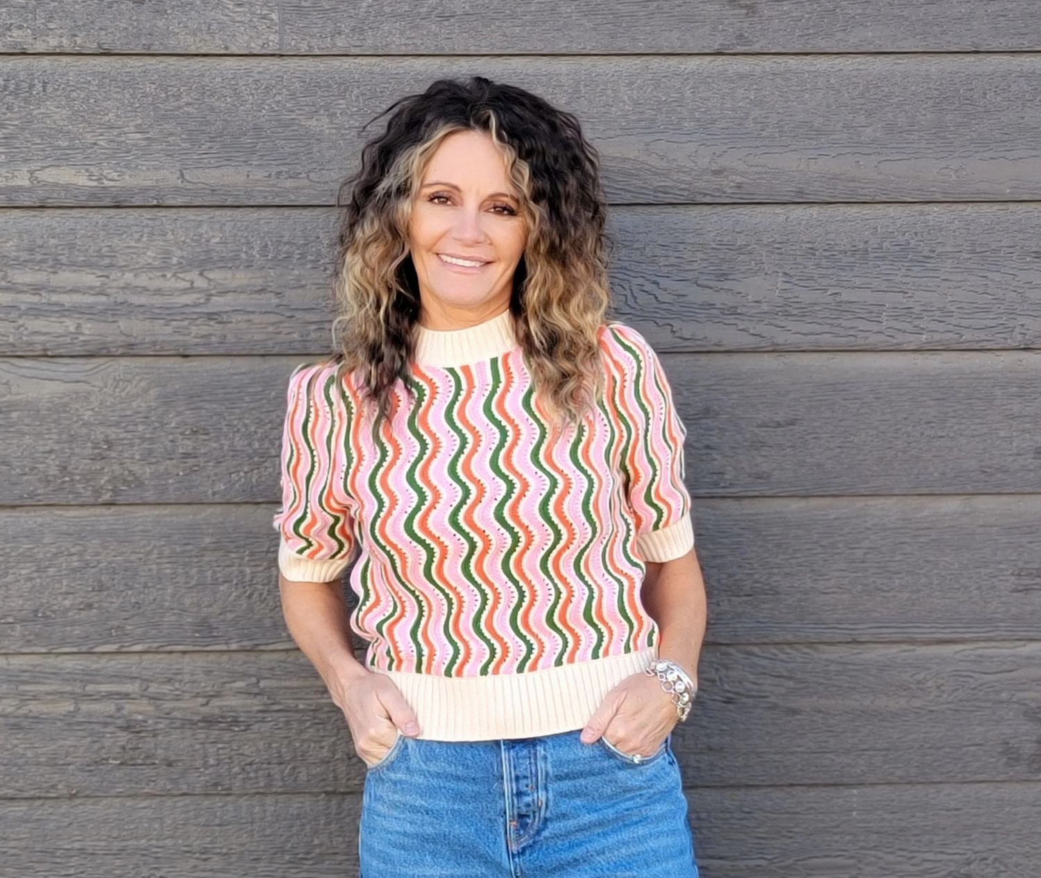 THML Short Slv Wavy Striped Sweater