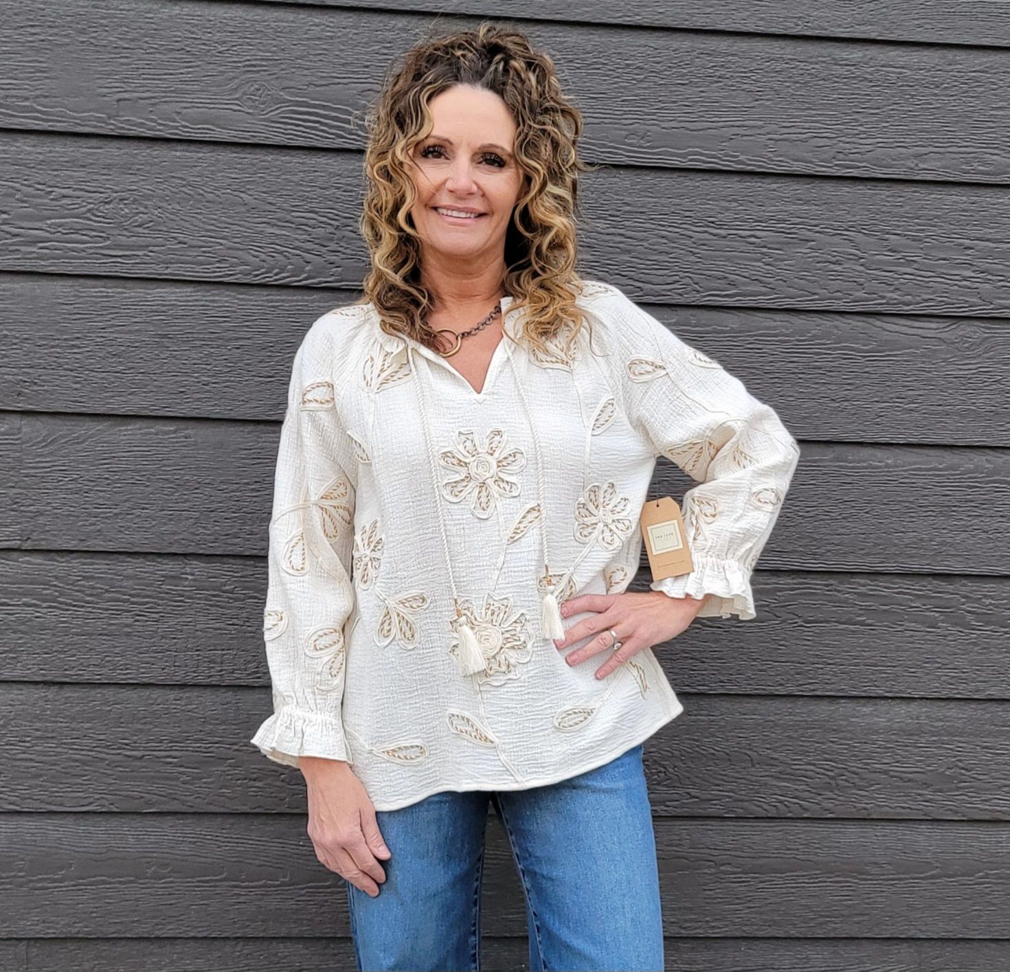 Tru Luxe Tie Neck Top With Embroidery Antique White