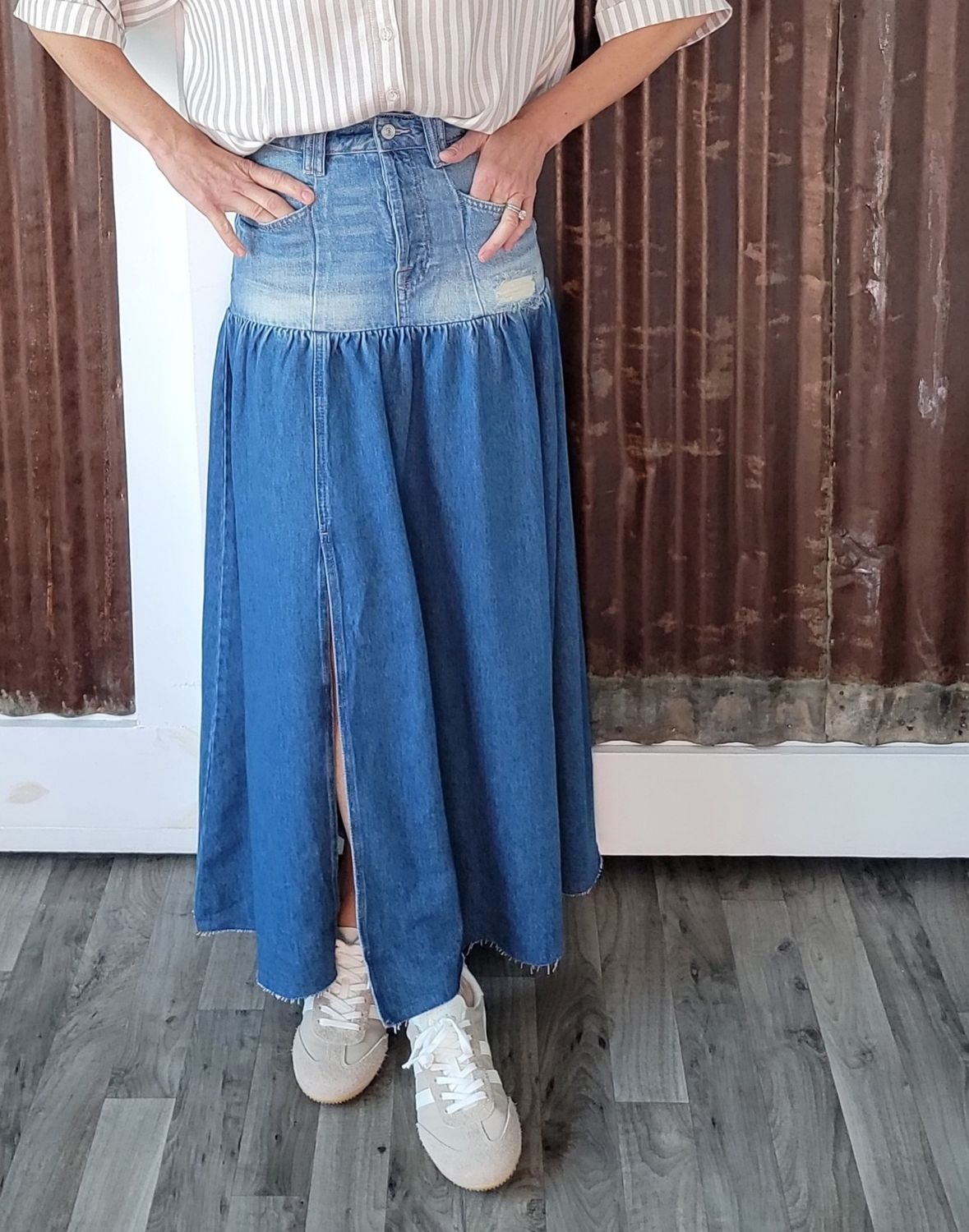 Free People Good Company Mixed Denim Maxi Blessed