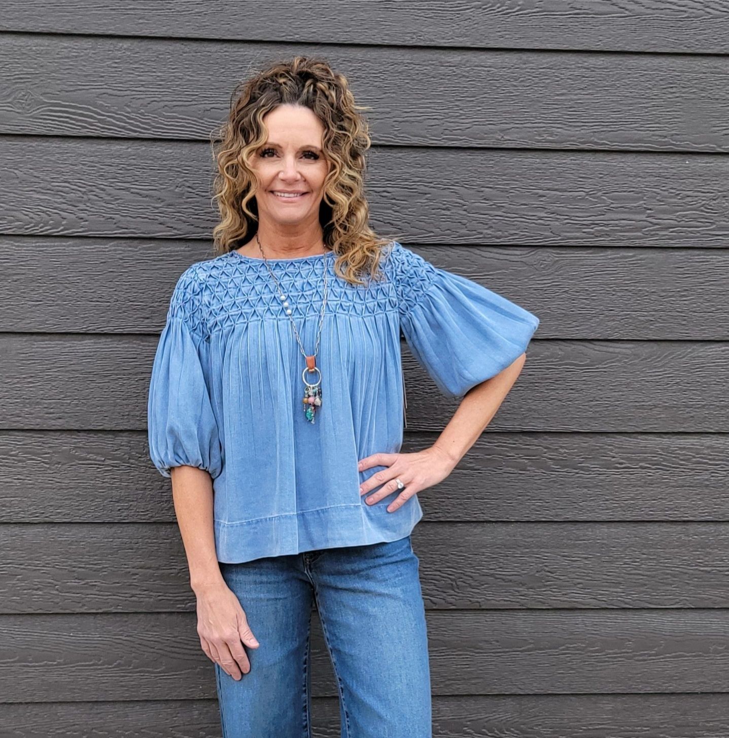 Tru Luxe Smocked Detail Denim Top
