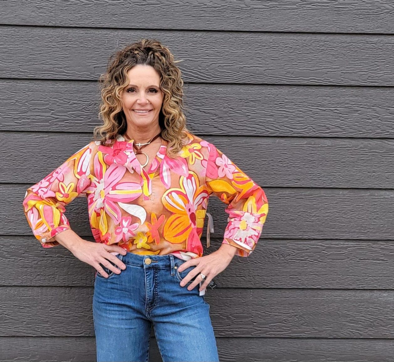 Tru Luxe Print Split Neck Top Pinks/ Orange