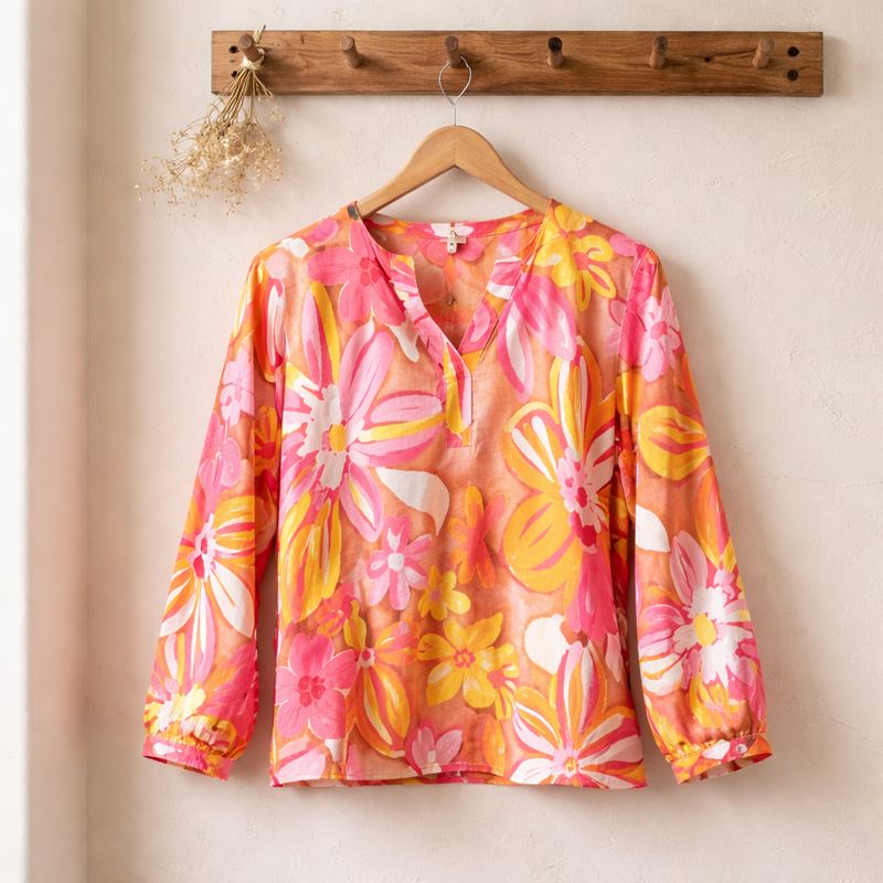 Tru Luxe Print Split Neck Top Pinks/ Orange