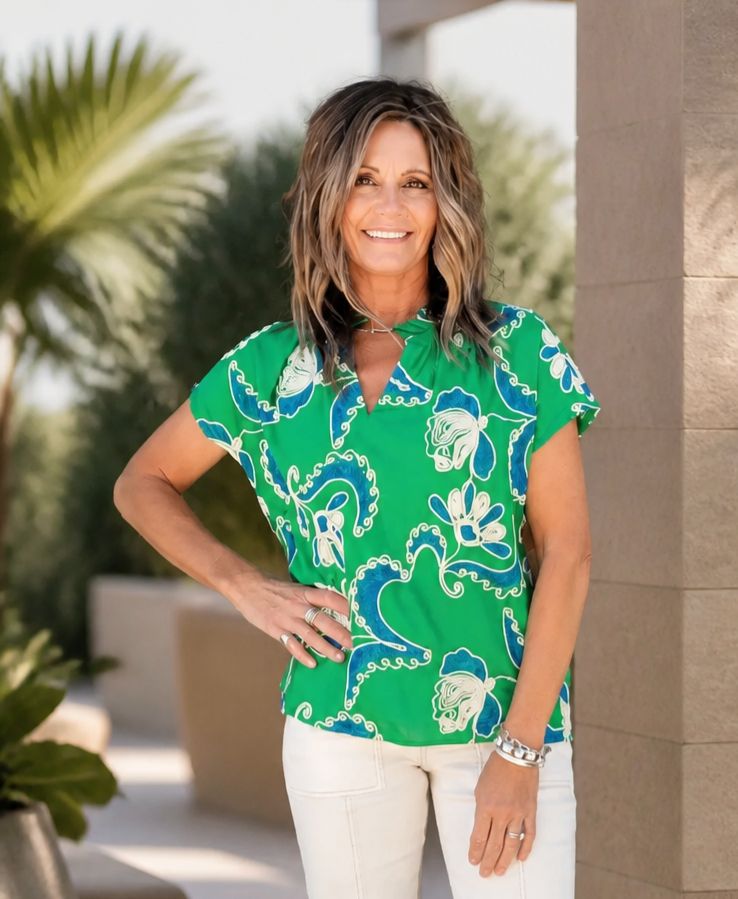 Tru Luxe Cord Embroidered Popover Green Top