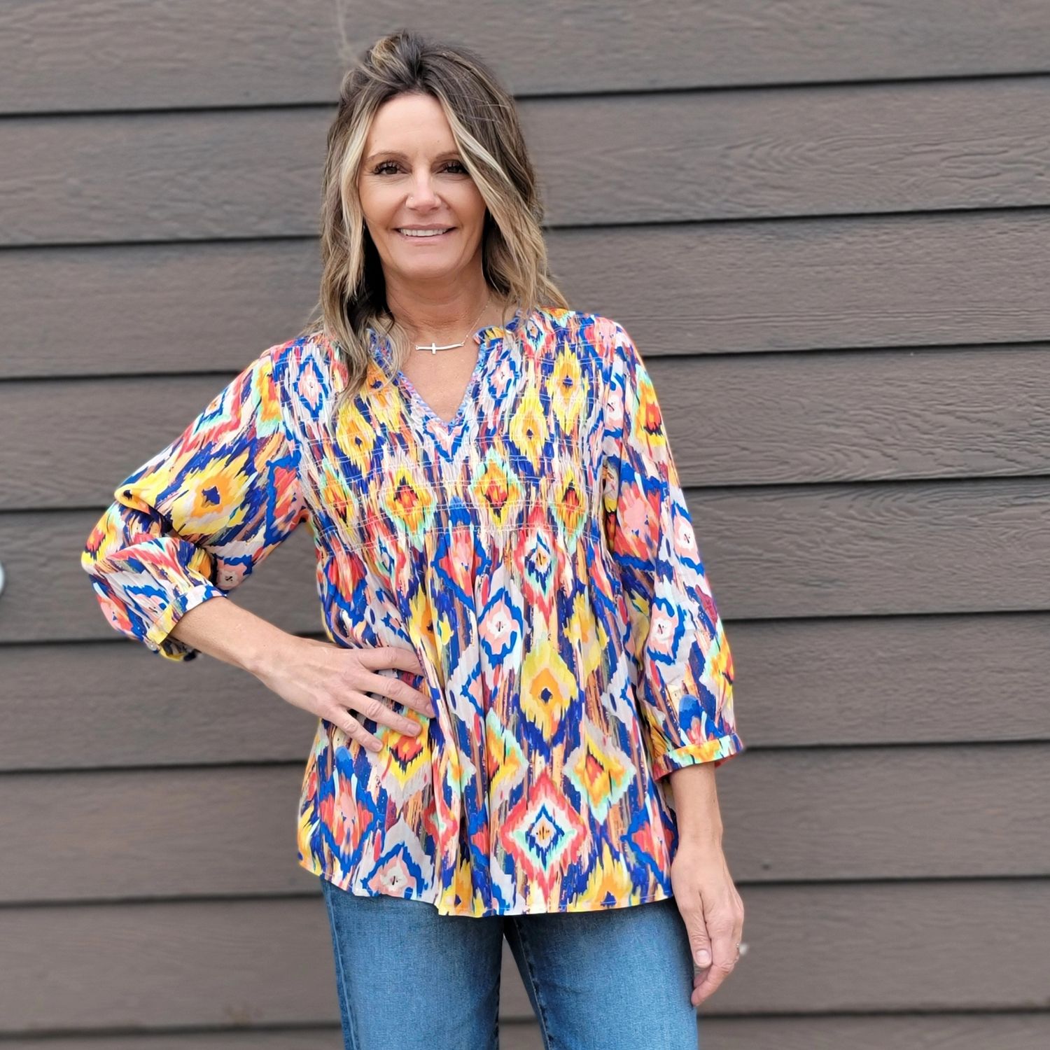 Tru Luxe Smocked Detail 3/4 Sleeve Split Neck Multi Colored