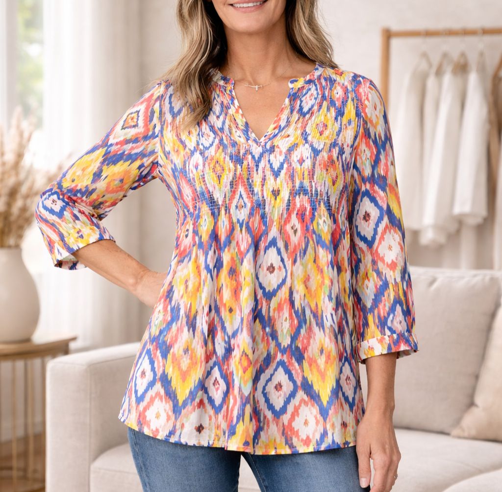 Tru Luxe Smocked Detail 3/4 Sleeve Split Neck Multi Colored Tru Luxe Smocked Detail 3/4 Sleeve Split Neck Multi Colored