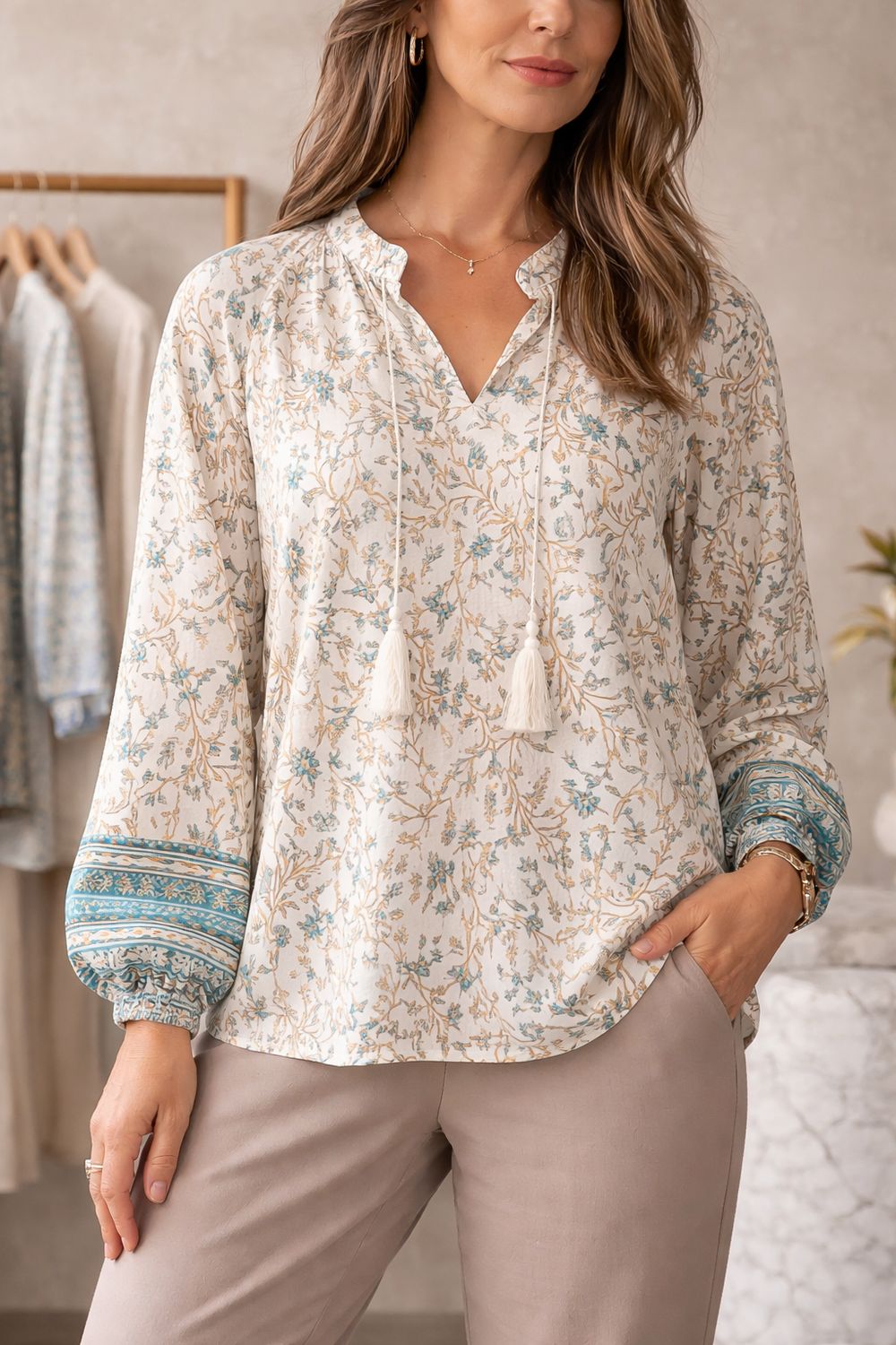 Elan Whimsy Floral Tie Neck Blouse