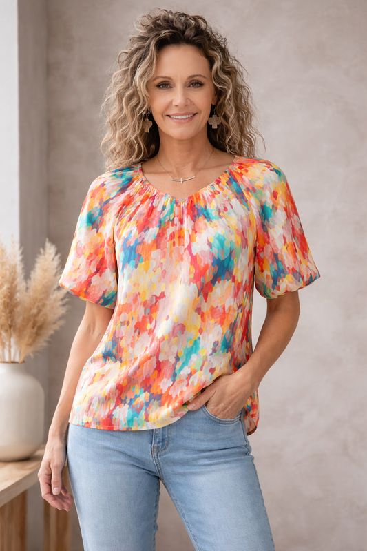 Tr Luxe Ruched V Neck Multi Color Top