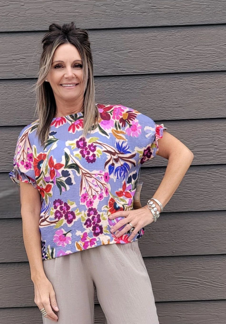 Tru Luxe Shirred Sleeve Print Boxy Top Multi