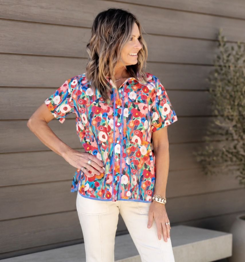 Tru Luxe Floral Button Up With Stripe Trim Tru Luxe Floral Button Up With Stripe Trim