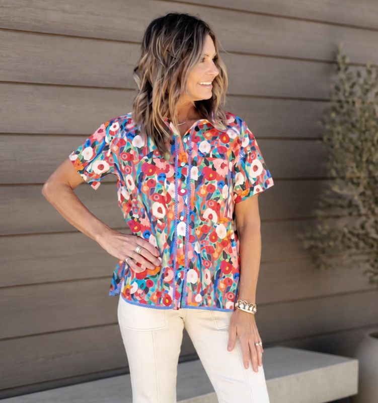 Tru Luxe Floral Button Up With Stripe Trim Tru Luxe Floral Button Up With Stripe Trim