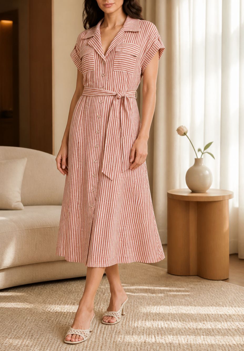 John Mark Stripe Dress With Tie Waist Red Dress