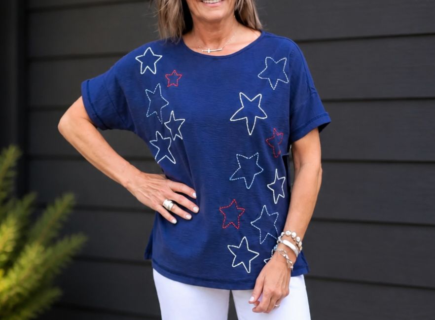 Tru Luxe Navy Embroidered Star Top