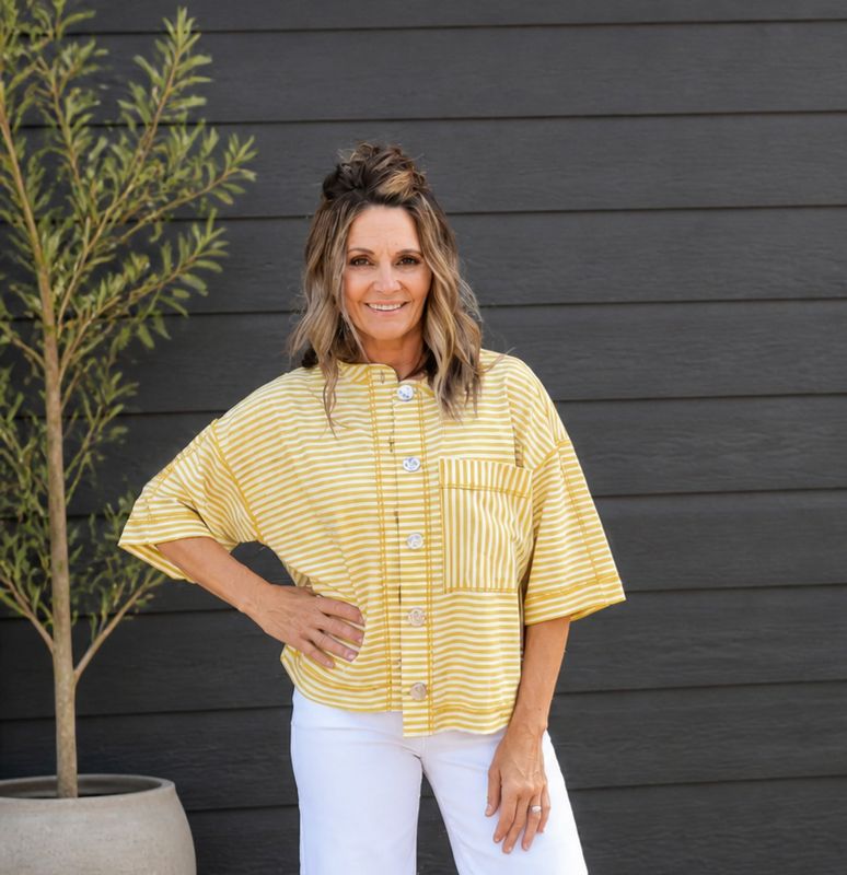 Tru Luxe Yellow Stripe Button Up Top