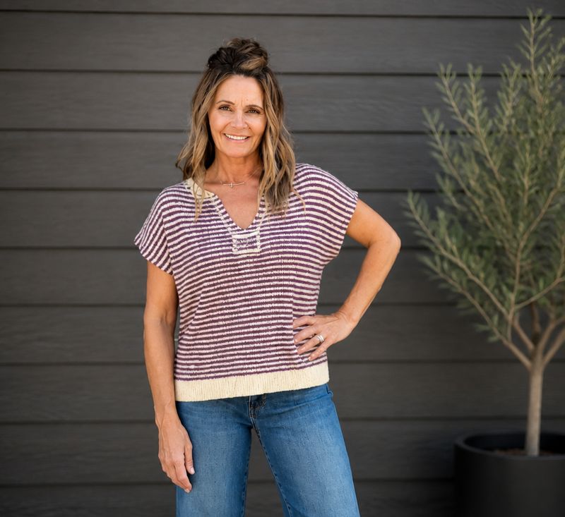 Staccato Purple Slit Neck Ss Sweater