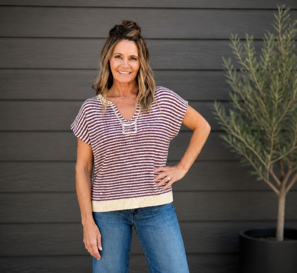 Staccato Purple Slit Neck Ss Sweater