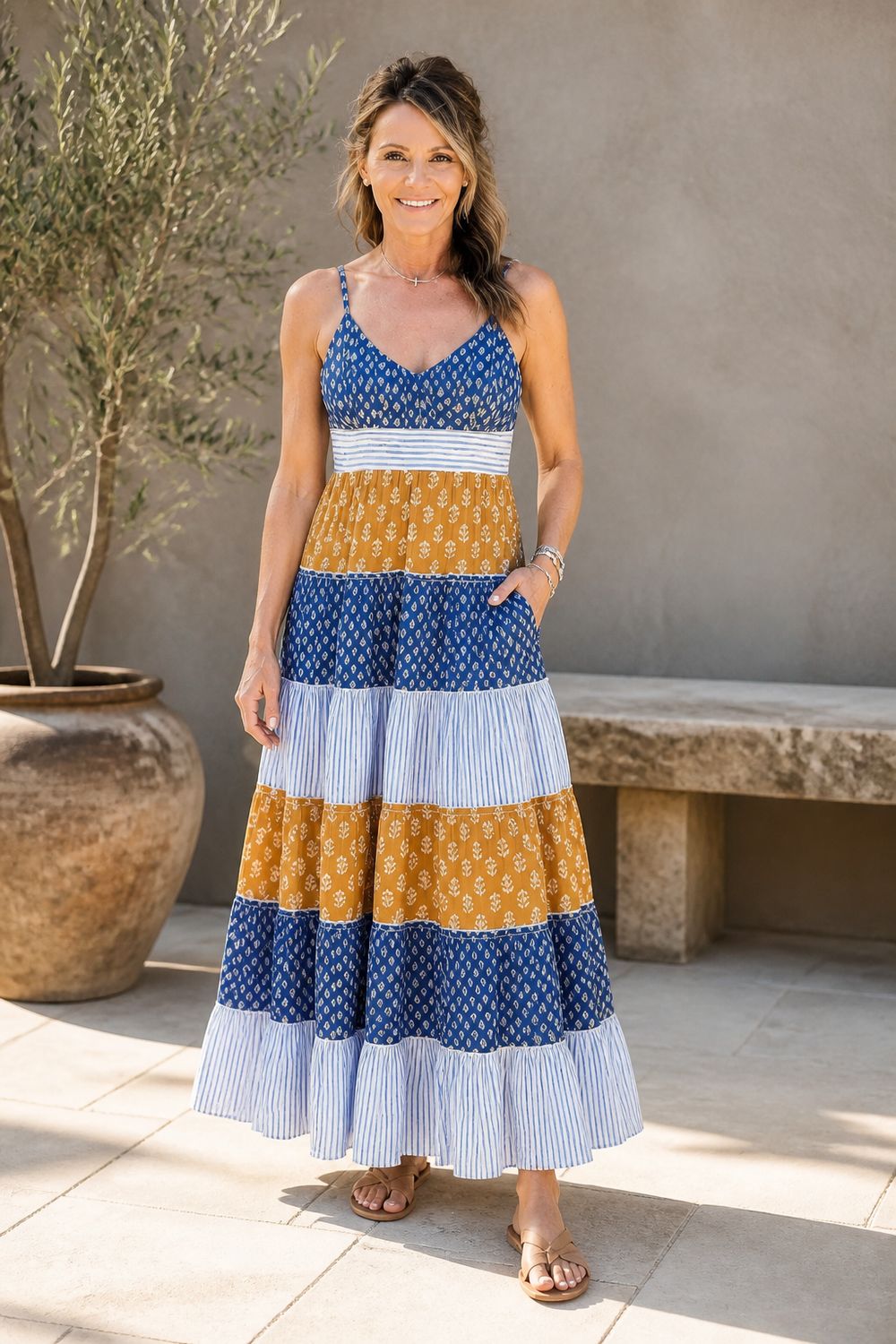 THML PATTERN TIERED MAXI DRESS BROWN/ BLUE