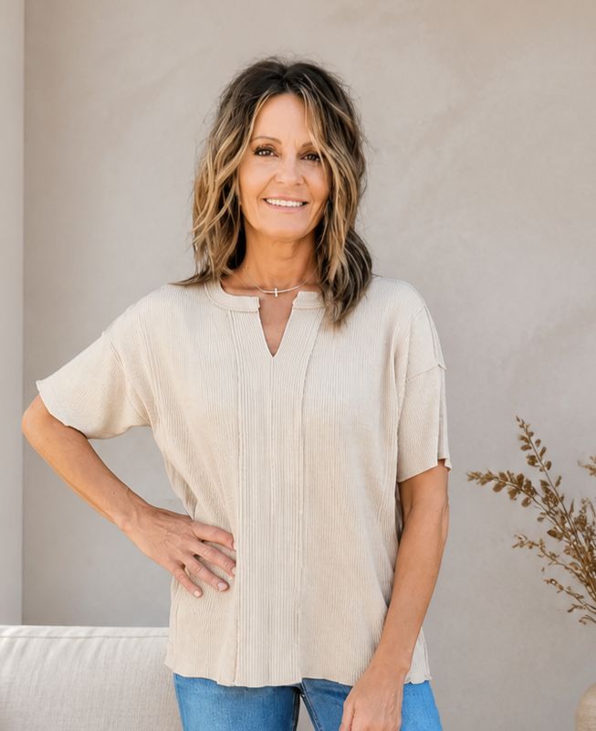 Tru Luxe Natural Slit Neck Top With Lapped Seams Tru Luxe Natural Slit Neck Top With Lapped Seams