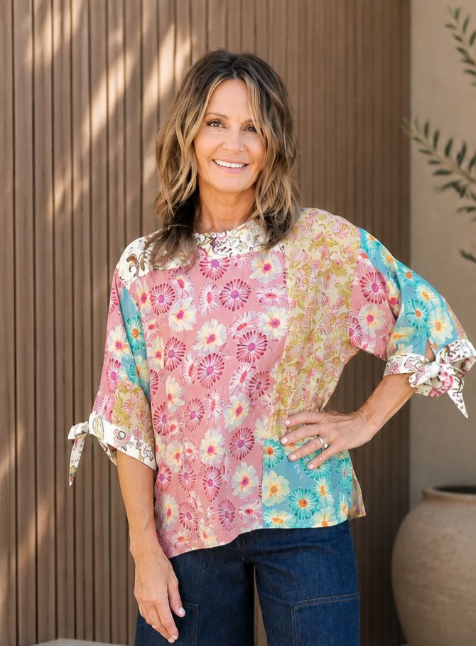 Tru Luxe Patched Print Tie Sleeve Top Tru Luxe Patched Print Tie Sleeve Top