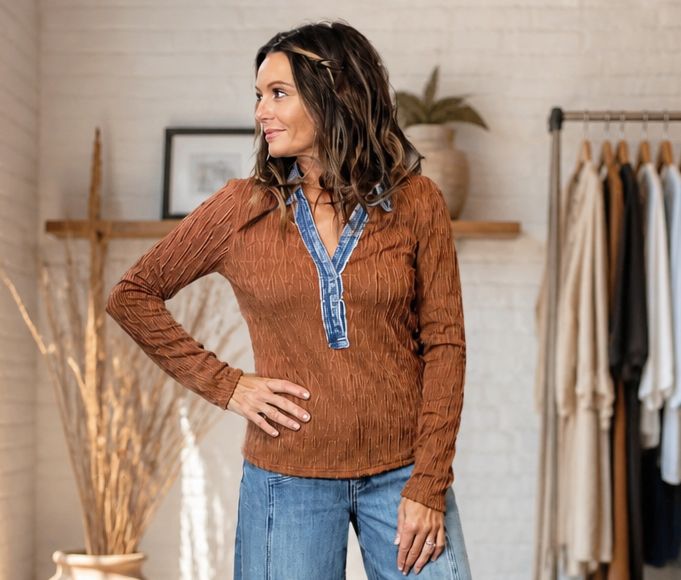 Mystree Denim Mixed Textured Top Mystree Denim Mixed Textured Top