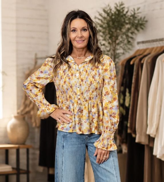 Tru Luxe Smocked Button Up W/ LS Gold Tru Luxe Smocked Button Up W/ LS Gold