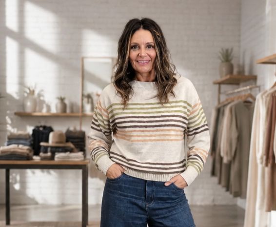 Staccato Long Sleeve Taupe Olive Stripe Sweater Staccato Long Sleeve Taupe Olive Stripe Sweater