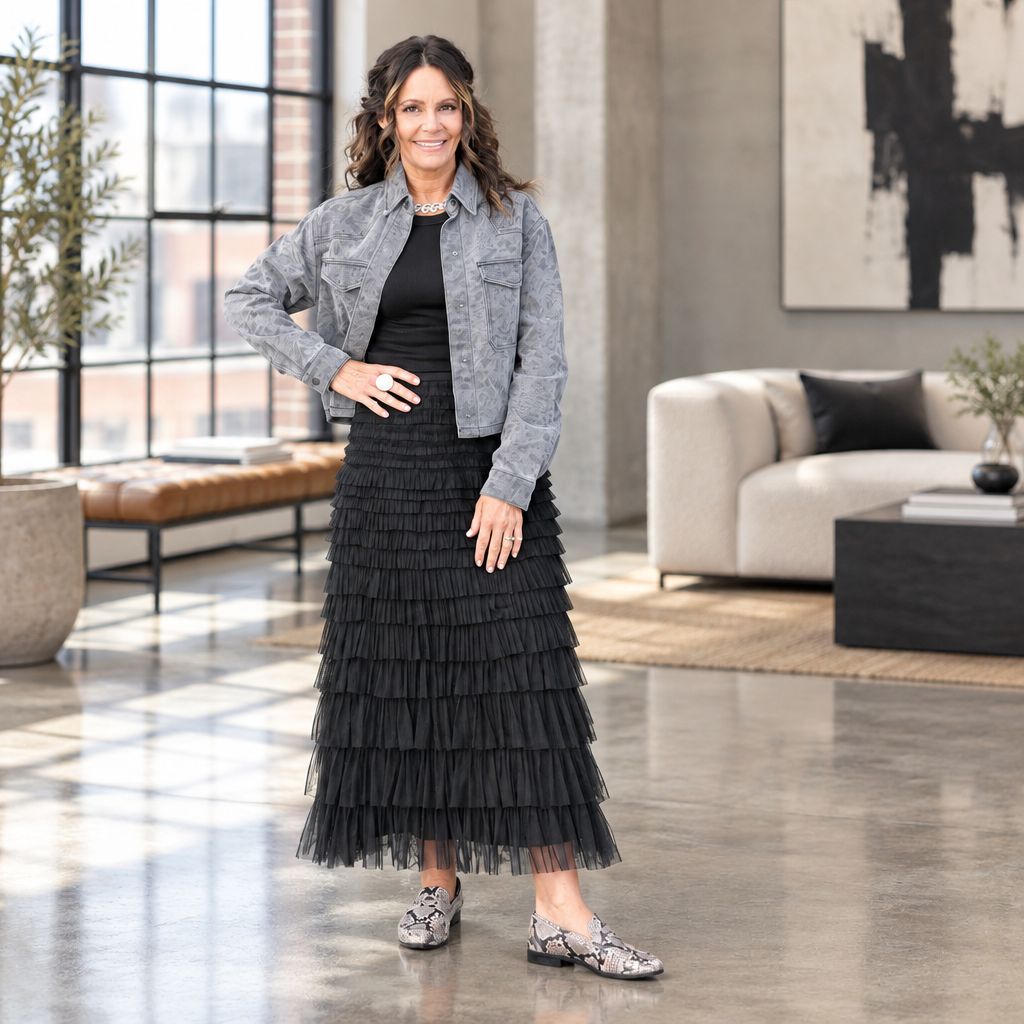 John Mark Knitted Tulle Pull On Tiered Skirt John Mark Knitted Tulle Pull On Tiered Skirt