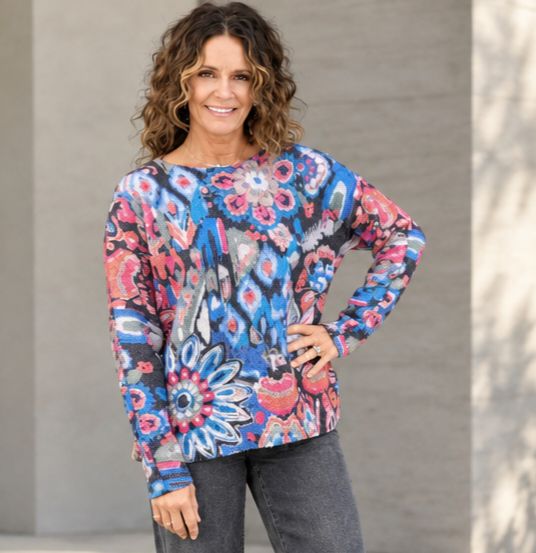 Tru Luxe Knit Printed Crew Neck L\S Sweater Multi Color