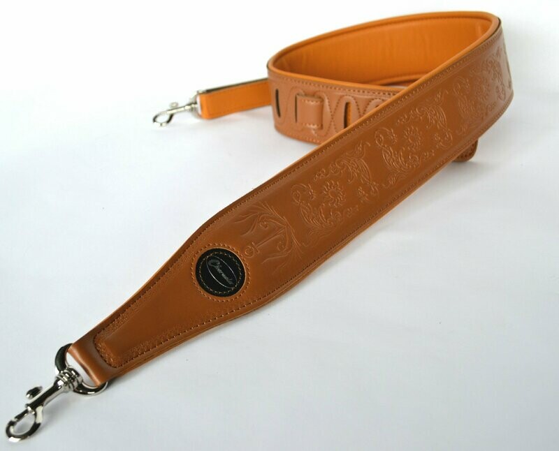 BANJO STRAP TENOR FIVE OR SIX STRING BROWN EMBOSSED LEATHER BY CLEARWATER