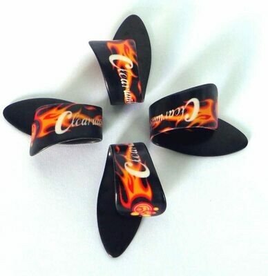 SET OF 4 THUMB PICKS - FLAMES - PLECS PLECTRUMS SIZE MEDIUM/LARGE BY CLEARWATER