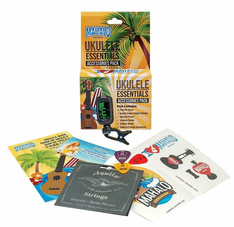 MAHALO UKULELE ACCESSORY PACK TUNER, AQUILA STRINGS, PICKS, GUIDE, DOWNLOADS ETC