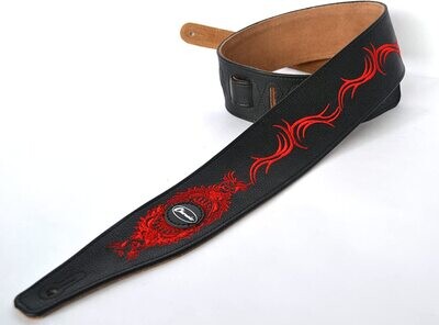 Guitar Strap Electric Acoustic Bass Black with Red Oriental embroidered design
