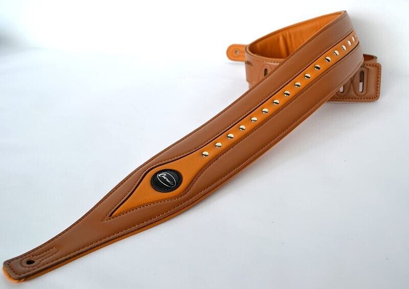 Guitar Strap Electric Acoustic or Bass Light Brown Leather Studded and Padded