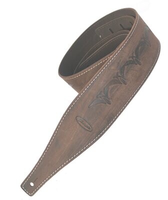 Guitar Strap Electric Acoustic or Bass Distressed Dark Brown Leather Embossed Black Relief Design