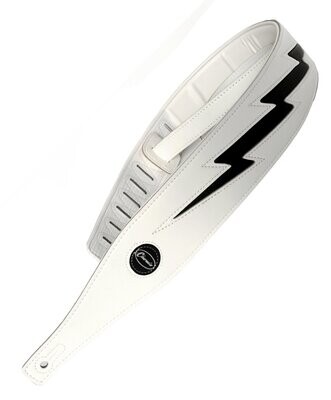Guitar Strap Electric Acoustic or Bass White Leather with Black lightning design