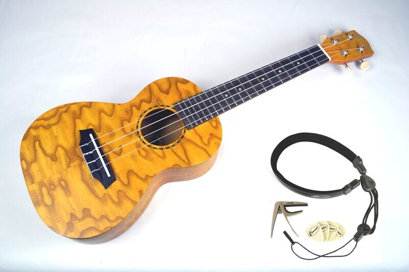 Concert Acoustic Ukulele Willow wood satin finish Capo Neck sling and felt picks -  Tenor model reviewed by Gotaukulele - 10% lower price than our Amazon and eBay listings