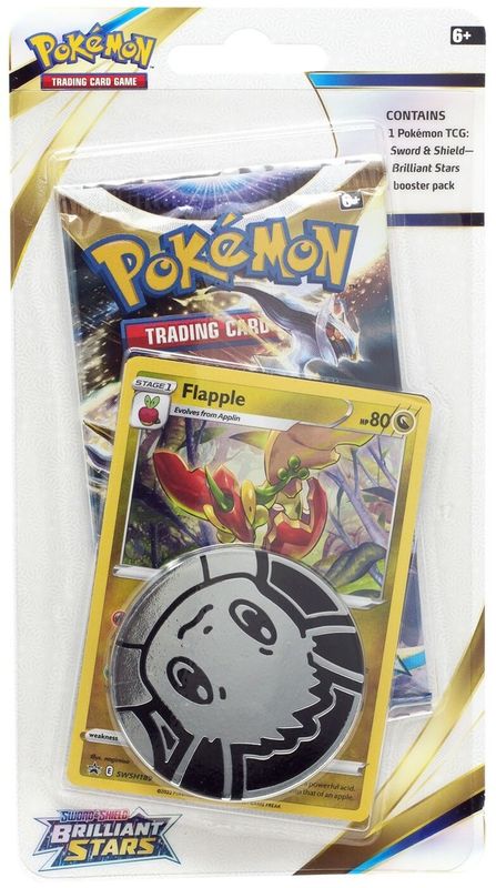 Pokemon TCG Sword & Shield Brilliant Stars Single Booster Blister Pack w/ Eevee Coin and Flapple Card