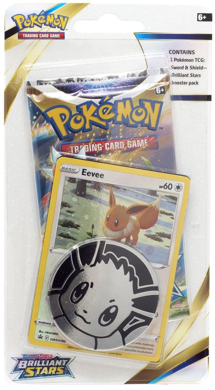 Pokemon TCG Sword & Shield Brilliant Stars Single Booster Blister Pack w/ Eevee Coin and Card
