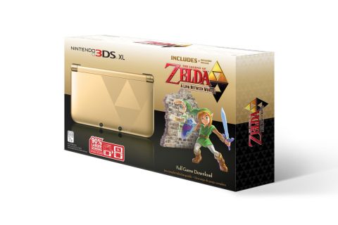Nintendo 3DS XL ("O3DS XL") SPR-001 - TLoZ: A Link Between Worlds Edition (Gold Triforce): TLoZ: ALBW Pre-Installed Bundle [Retail Pack / Complete Set]