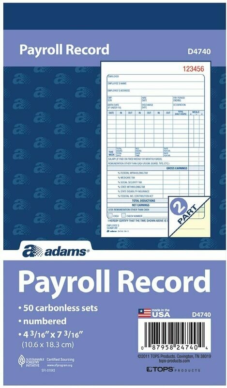 Adams Payroll Record Book, 4x7, 2 part carbonless, 50sets/book