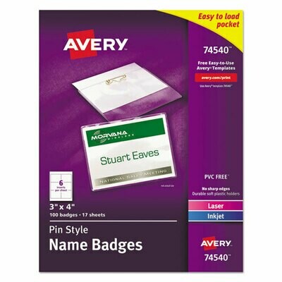 Avery Pin-Style Badge Holder with Laser/Inkjet Insert, Top Load, 4 x 3, White, 100/Box