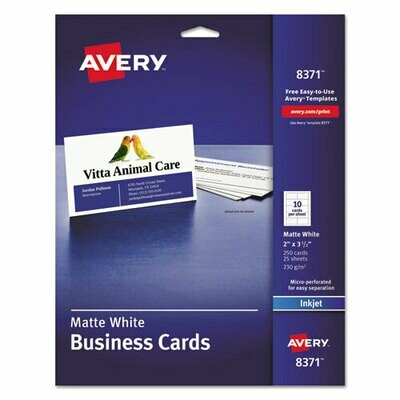 Avery Inkjet Matte Business Cards, 2 x 3 1/2, 10/Sheet, 250/Pack