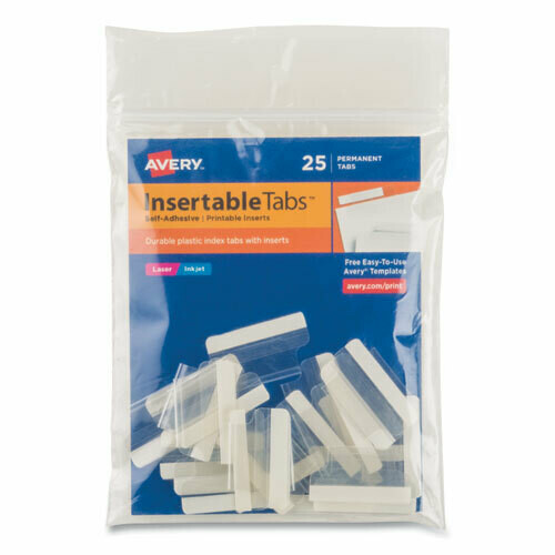 Avery Insertable self adhesive Index Tabs with Printable Inserts, 1/5-Cut, Clear, 1&quot; Wide, 25/Pack