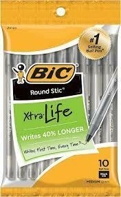 BIC Round Stic Xtra Life Ballpoint Pens, Medium Point, Black Ink, 10/Pack