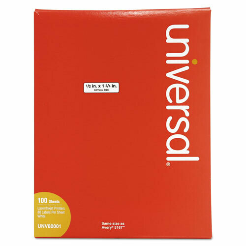 Universal White Labels, Inkjet/Laser Printers, 0.5 x 1.75, White, 80/Sheet, 100 Sheets/Box