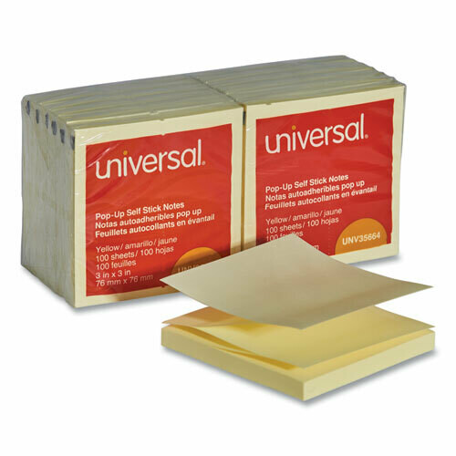 Universal Fan-Folded Self-Stick Pop-Up Note Pads, 3 x 3, Yellow, 100-Sheet, 12/Pack