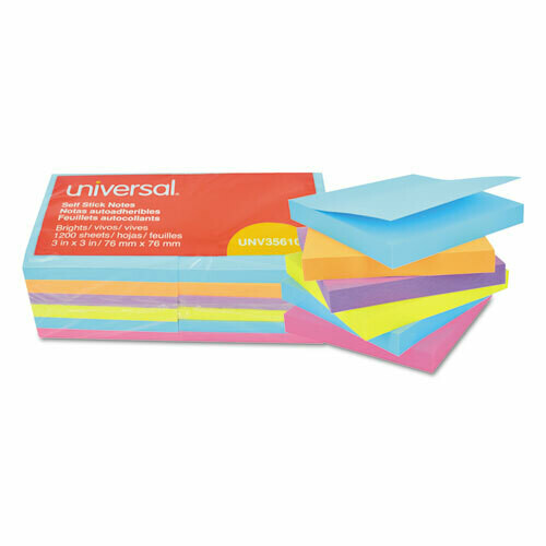 Universal Self-Stick Note Pads, 3 x 3, Assorted Bright Colors, 100-Sheet, 12/PK