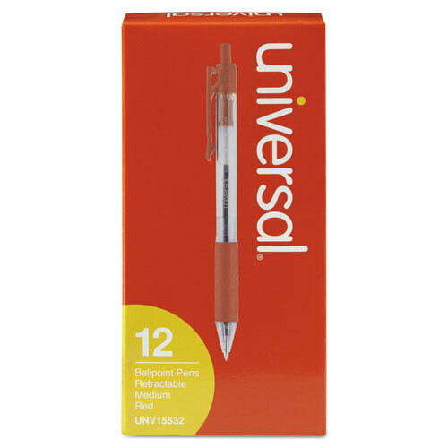 Universal Comfort Grip Retractable Ballpoint Pen, Medium, Red Ink, Clear Barrel, Dozen